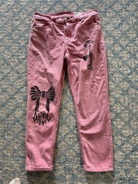 Upcycled wearable art Pink Graphic Bow Jeans